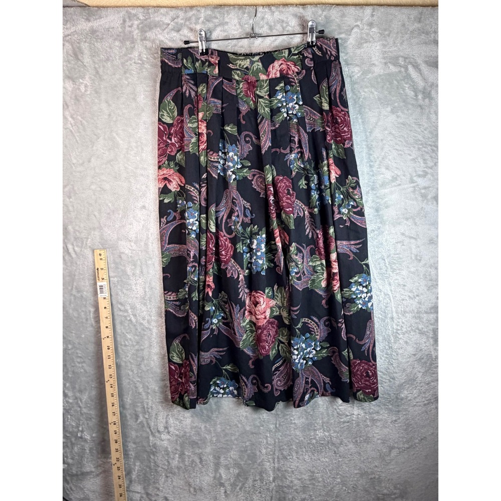 KATHIE‎ LEE Skirt Women 8 Black Floral Paisley Pleated Midi Made USA 90s